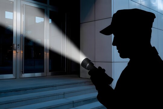 A silhouette of a man holding a flashlight in front of a building at night