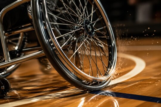 Wheelchair basketball close up of sports wheel on indoor court for adaptive sports and athletic mobility