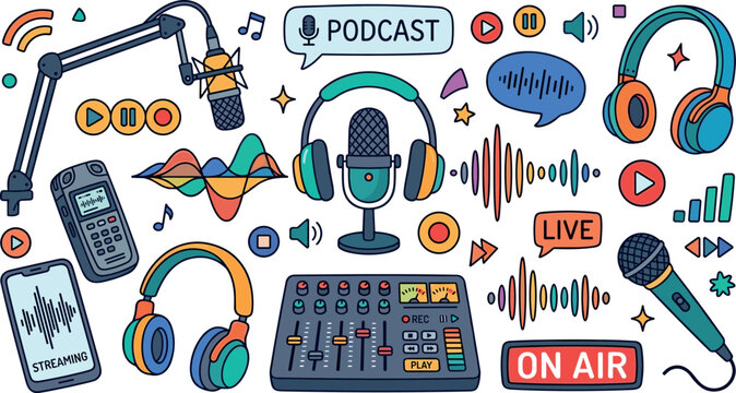 Podcast and Audio Streaming Vector Collection Featuring Microphones, Headphones, Sound Waves, Recording Equipment, and Broadcasting Media Illustrations