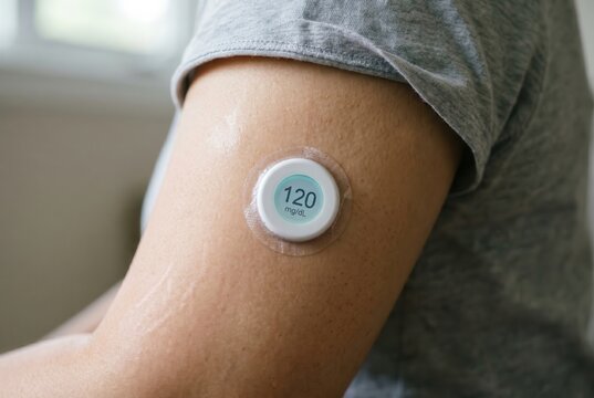 continuous glucose monitor CGM patch on upper arm reading 120 mg/dL, diabetes management