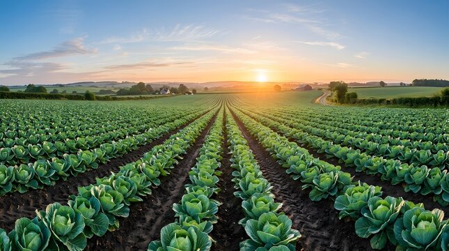 Panoramic view of a vast green cabbage field at sunset, showcasing sustainable agriculture and rural farming.