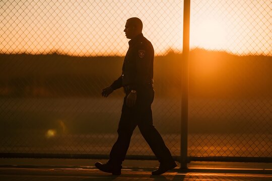 A silhouette of a man walking in front of a fence at sunset with a serene landscape background