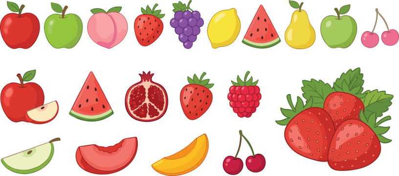 Set of colorful hand drawn fruit icons and slices including apples strawberries grapes watermelon and pomegranate isolated on white background