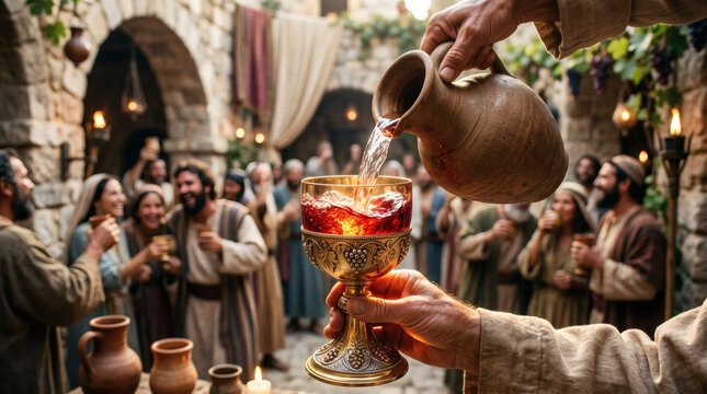 Radiant mystical composition featuring water transformed into luminous wine chalice representing divine mercy and hope