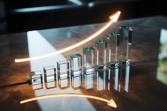 A 3D bar chart with a glowing orange arrow indicating growth and success in a dark room