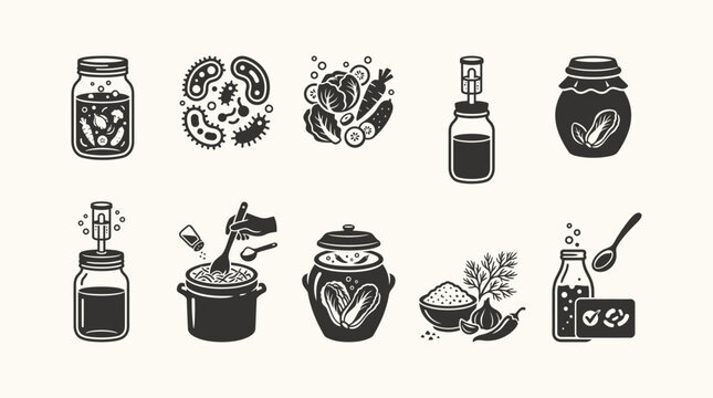 Fermentation Process Icons Set: Healthy Food Preservation and Probiotic Bacteria for Gut Health