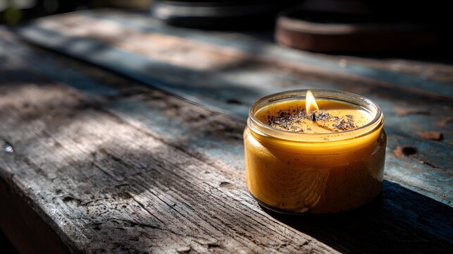 Burning soy wax candle in glass jar with visible flame rustic wooden surface