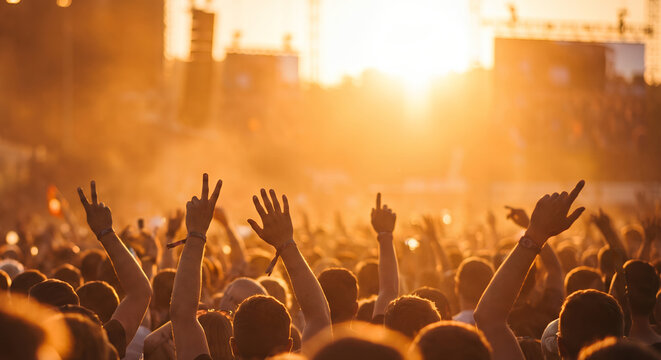 crowd of people partying at an outdoor music festival during a golden sunset