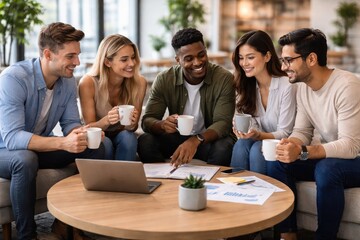 Obraz premium Group of diverse people sitting on a couch with coffee cups and laptop discussing business strategy and teamwork