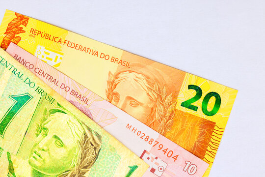 Brazilian paper currency 1, 10, 20 reais issued by official Central Bank of Brazil