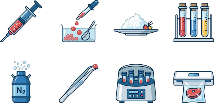 Molecular Gastronomy Equipment Vector Collection Featuring Food Syringes, Spherification Tools, Liquid Nitrogen, Test Tubes, and Modern Culinary Science Devices