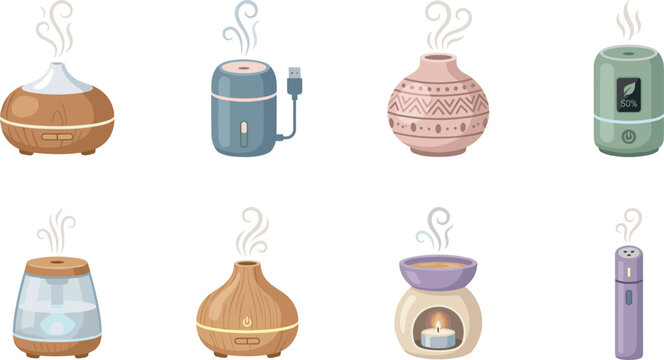Aroma Diffuser and Humidifier Vector Icon Collection Featuring Ultrasonic Mist Devices, Ceramic Oil Burners, and Smart Wellness Appliances