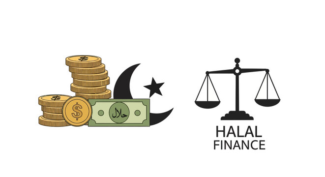 An illustration showing Islamic finance concepts with stacks of coins, a dollar bill, a crescent moon and star, and scales of justice labeled 'HALAL FINANCE'.