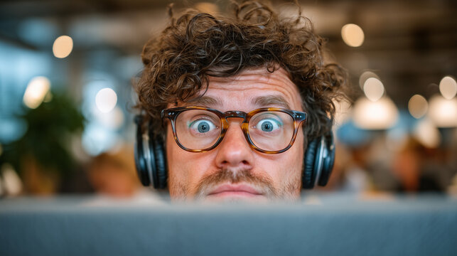 Surprised man wearing headphones and glasses looking at computer screen in modern office environment