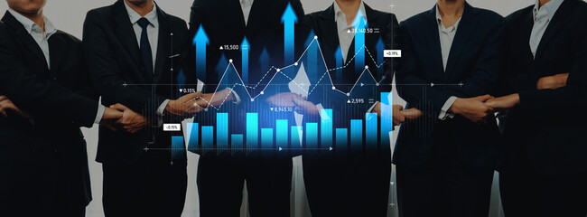 A business team stands confidently together, embodying collaboration and strategy while displaying dynamic graphs and charts, symbolizing growth and modern finance. Scalp © InfiniteFlow