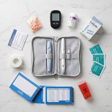 diabetes supply kit top-down with glucometer lancets logbook biohazard tube on marble, newly diagnosed