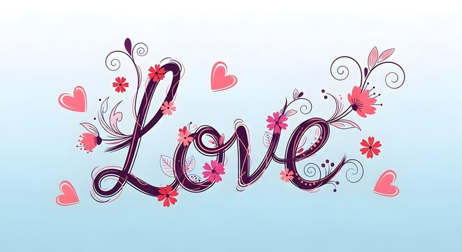 Decorative word Love with floral elements and hearts