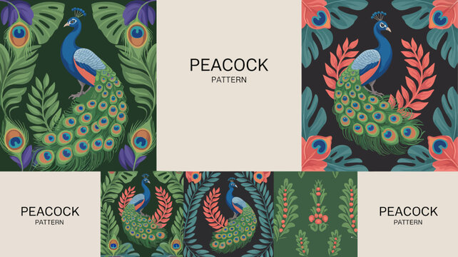 Colorful peacock feather pattern with tropical leaves background design