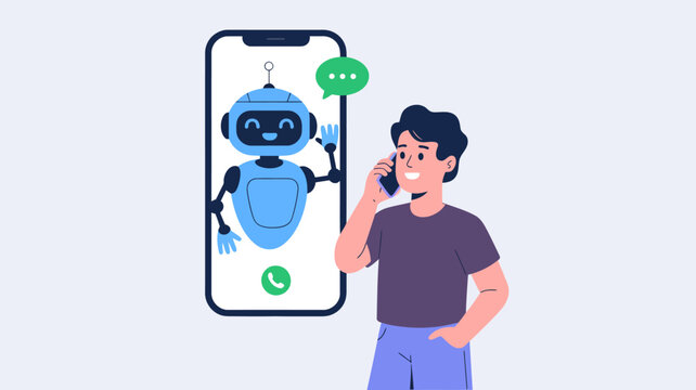 Man talking on phone with friendly robot chat interface on smartphone screen