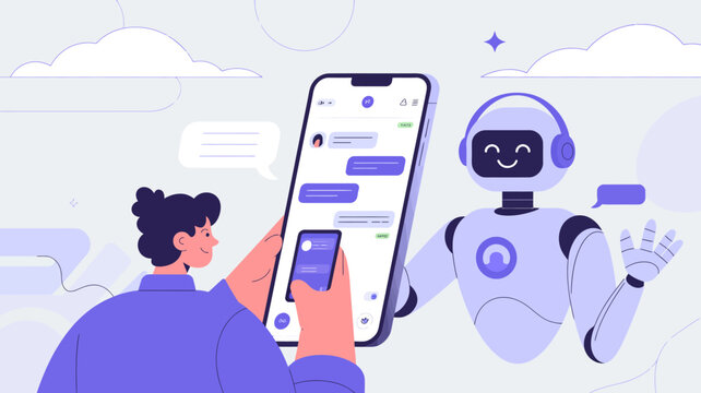 Woman chatting with friendly robot on smartphone showing messaging app