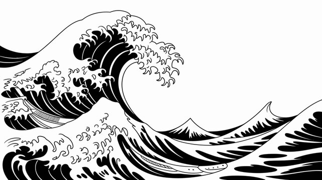 Powerful black and white wave crashing in ocean illustration