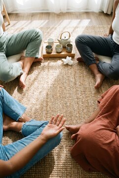 four people seated cross-legged around low table with tea set, group meditation circle