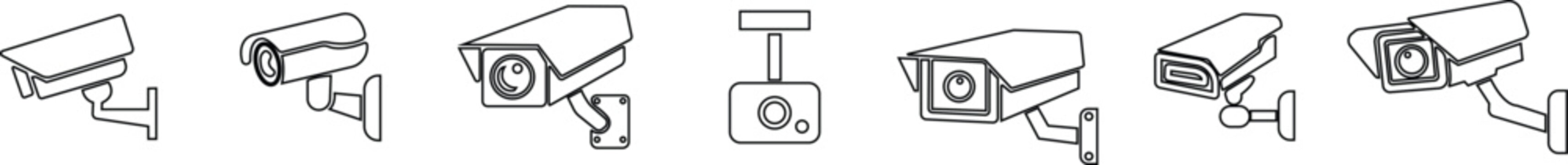 Security camera CCTV surveillance icon set collection group in black line style featuring monitor, cam, recorder, protection and safety synonym elements for technology, monitoring and design use