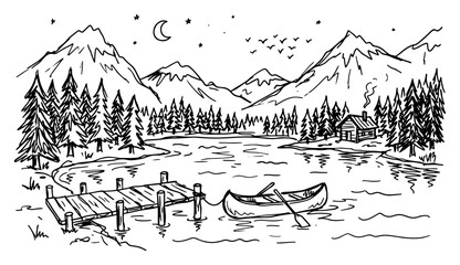 Mountain lake landscape with cabin dock and canoe under the moon in sketch style © AnimalZOO