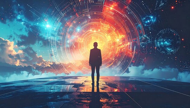 Person facing a glowing portal of light