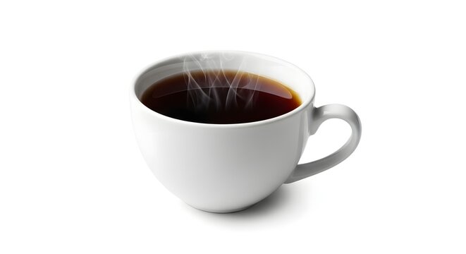 A steaming cup of coffee on a plain white background