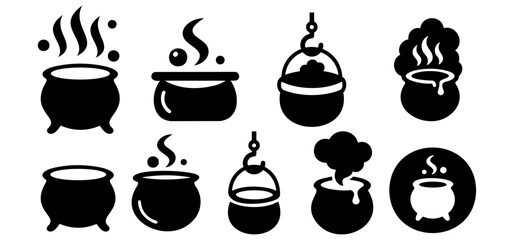 Witch cauldron black silhouette icon set for magic and halloween © Rani