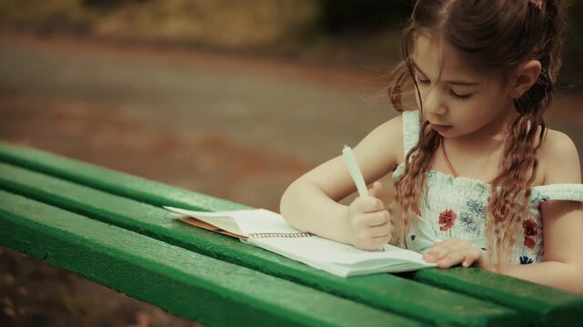 Little Artist Using Drawing in Notebook on Wooden Bench. Hobby and Early Education. Artistic Development and Inspiration