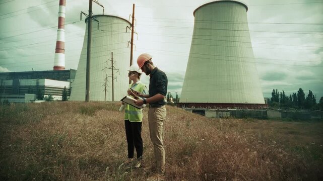 Discussing Construction Project Near Power Plant. Industrial Specialists Checking Blueprints. Infrastructure Building Strategy