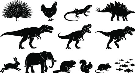 Large collection of animal silhouettes featuring dinosaurs elephants birds and small mammals isolated on a clean white background vector © yousuf
