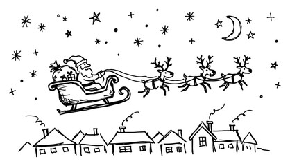 Santa Claus flying in sleigh with reindeer over village hand drawn sketch style © AnimalZOO