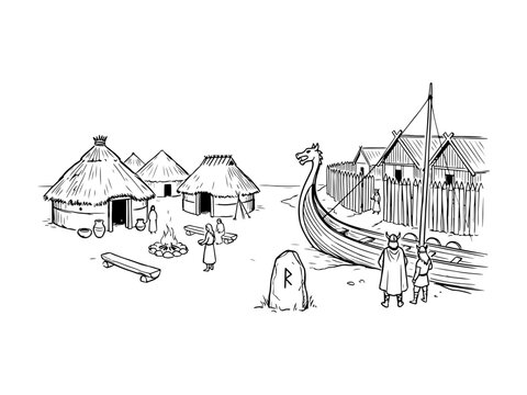 A detailed black and white line art illustration of a Viking village with thatched huts, a drakkar ship, a bonfire, and a runestone, representing Iron Age life in Finland.