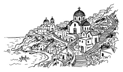 Mediterranean coastal village with domed churches and stairs in hand drawn sketch style © AnimalZOO
