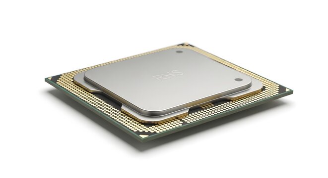 A close-up view of a computer processor chip on a white background