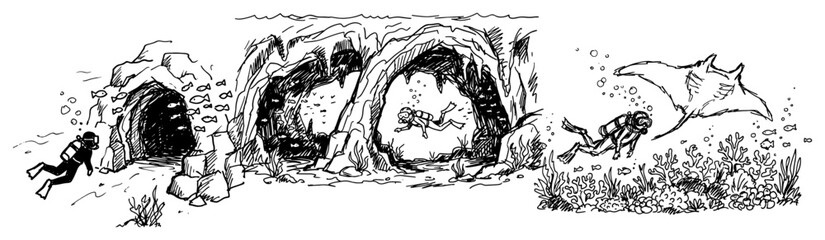 Scuba divers exploring underwater caves and manta ray in the ocean hand drawn sketch style © AnimalZOO