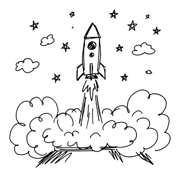 Space rocket launching into sky with smoke clouds and stars hand drawn doodle style