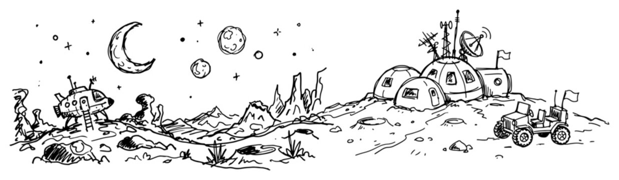 Futuristic moon base with domes antennas and rover on lunar landscape hand drawn line art style
