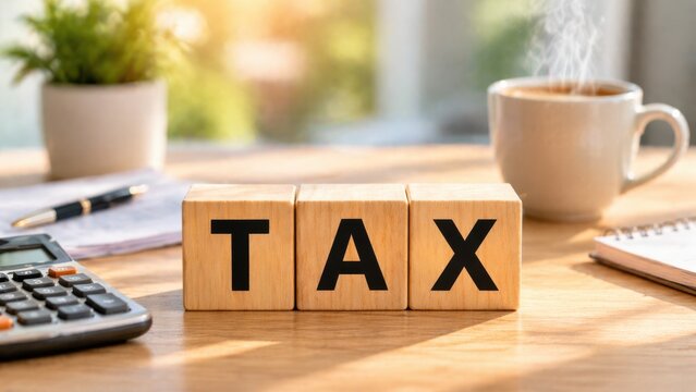Tax concept with wooden blocks on office desk with calculator and coffee cup