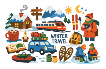 Naklejka premium Collection of winter-themed flat vector icons featuring characters, cabin, car, train, skis, snowshoes, and hot drinks