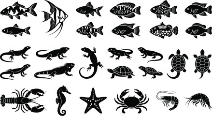 Large collection of aquatic and reptile silhouettes featuring various fish species lizards turtles crabs and seahorses isolated on white background © yousuf