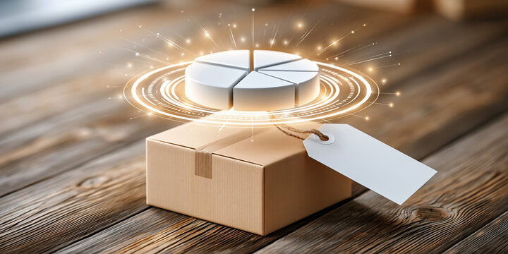 E commerce packaging analytics concept with cardboard box and glowing pie chart over tag