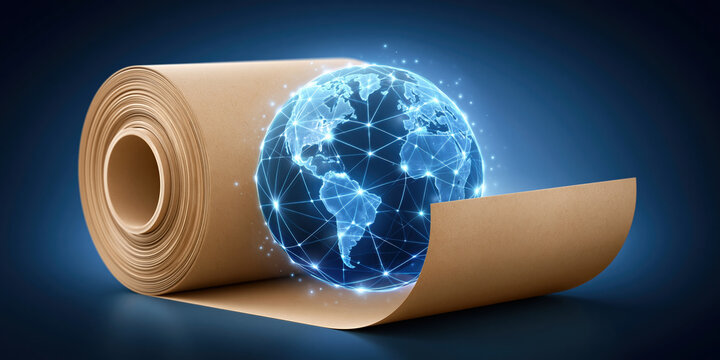 Digital globe e commerce network packaging roll brown paper global connection illuminated map