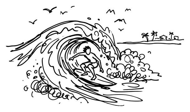 Surfer catching a large breaking ocean wave near a tropical beach in hand drawn sketch style