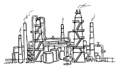 Oil refinery industrial complex with distillation towers and pipes hand drawn sketch style © AnimalZOO