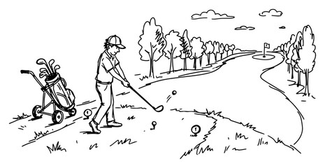 Golfer hitting ball on green field with bag in hand drawn sketch style © AnimalZOO
