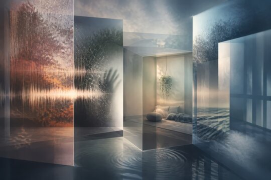 Modern abstract glass interior with light reflections and serene minimal space for corporate presentation and website hero background